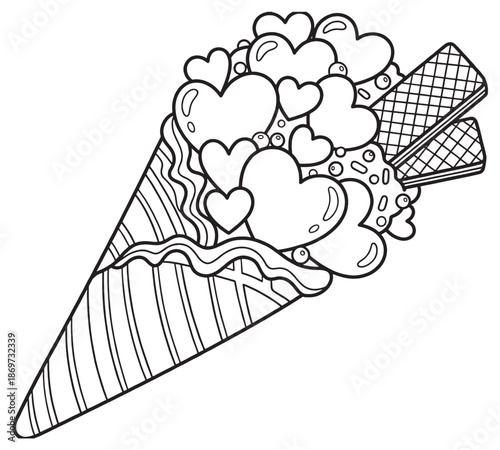 Doodle coloring book page cat with balloons. Valentine day illustration