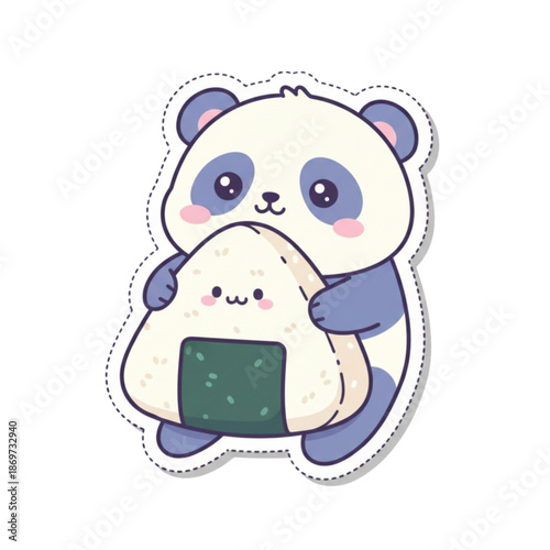 Adorable Kawaii Panda Hugging Onigiri Rice Ball Vector