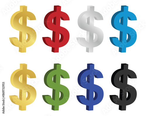 Golden 3d dollar signs, 8 Different colour 3D dollar signs. Floating metal coin symbol on white background. Golden, red, green, silver, black, blue colour dollar symbol. Vector illustration.