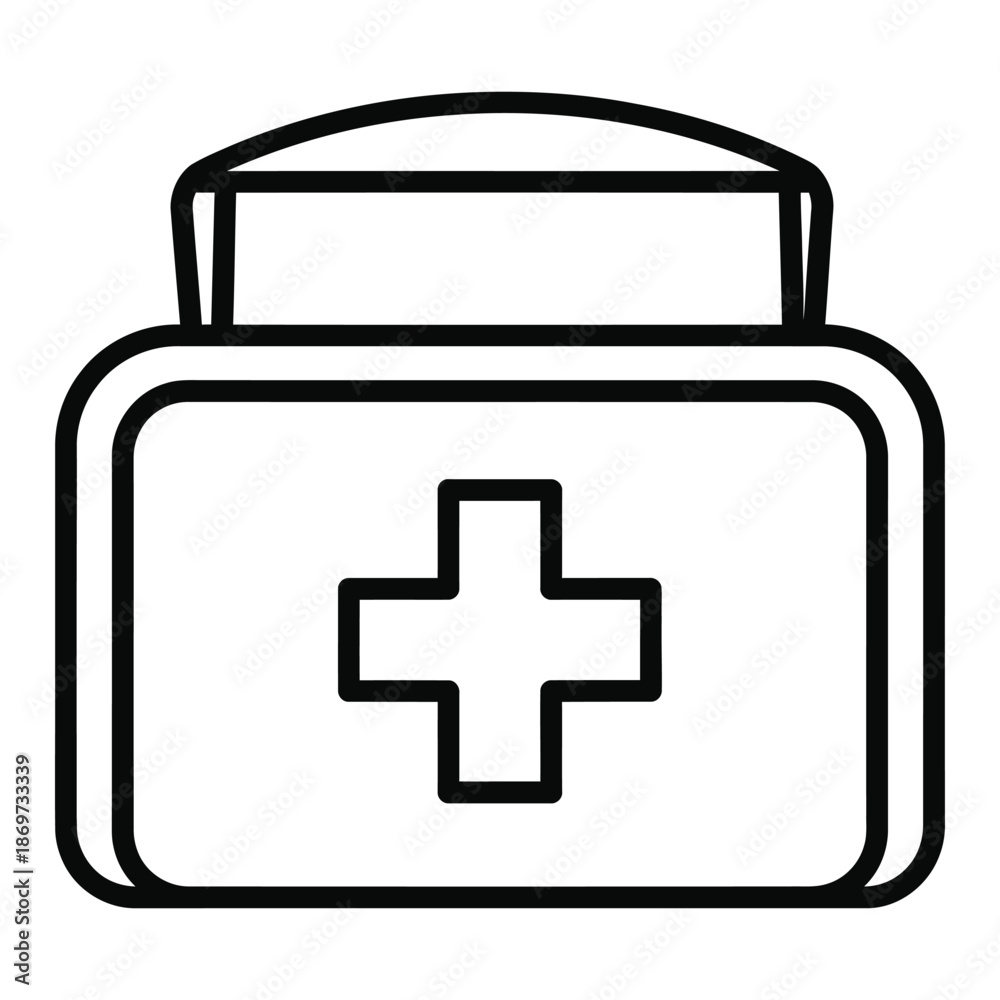 Fototapeta premium Line art icon of a medical container or jar with a plus symbol, indicating medication.