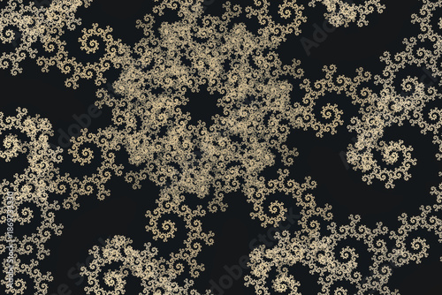 abstract fractal pattern with gold glitter snowflakes on a black background.