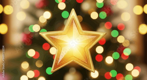 Golden star shining brightly on a christmas tree with colorful lights in the background for holiday decoration and festive atmosphere with star decoration