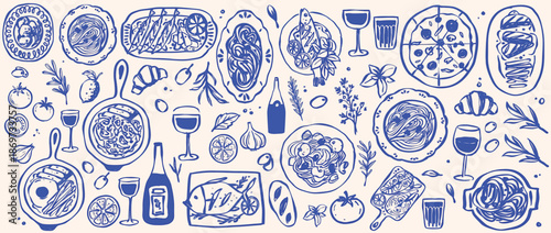 Mediterranean food doodle vector set, hand drawn whimsical Italian food and drink illustration in Matisse inspired style, summer tropical seafood line drawing design elements