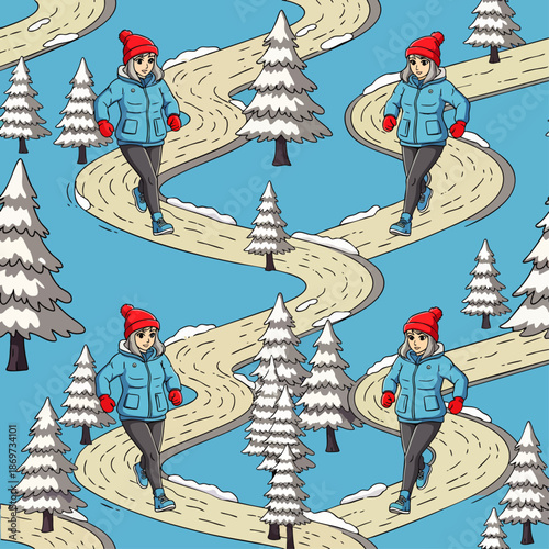 Seamless pattern of a woman running on a snowy path through a winter forest, cartoon style
