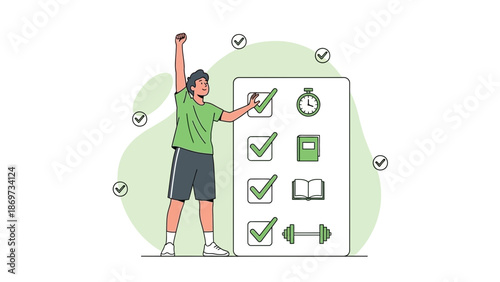 Man Celebrating Completed Tasks List with Checkmarks and Goals