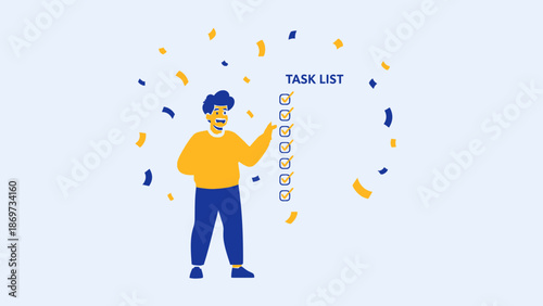 Man celebrating completing tasks on a checklist with confetti falling, business concept