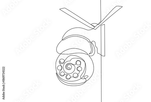 Minimalist line art of a CCTV security camera mounted on a wall corner, representing surveillance, safety, monitoring systems, privacy, and modern urban security infrastructure. Editable stroke