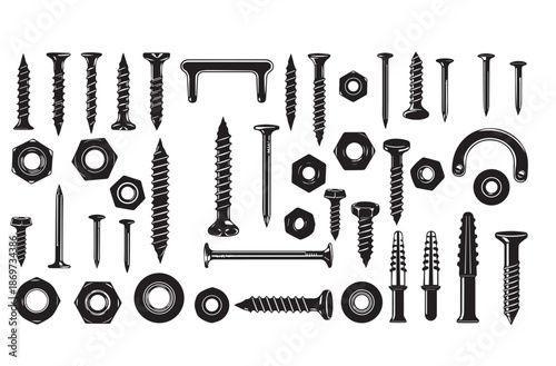 Hardware Fasteners and Industrial Fixing Tools Vector Set - Screws, Bolts, Nuts, and Nails