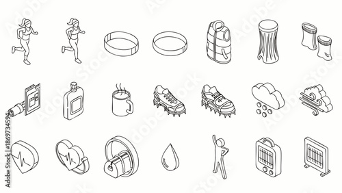 Set of isometric line icons representing running and fitness equipment, healthy lifestyle, and weather elements.