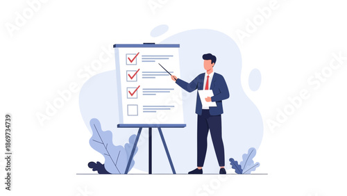 Businessman pointing at checklist on whiteboard, presentation, planning, success, strategy