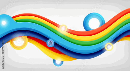 Vibrant wavy rainbow colored illustration with glowing orbs on white background for design and creativity with colorful and graphic and abstract
