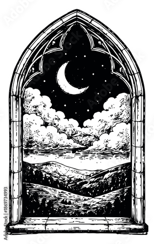 Hand drawn line art illustration of a gothic window depicting a moonlit night landscape for mystical designs