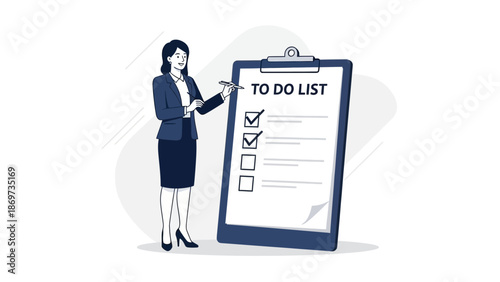 Businesswoman checking off tasks on a large to-do list clipboard, planning and organization concept.