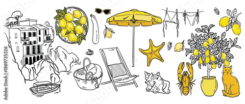 Italian summer beach elements vector set, hand drawn sea weekend doodle illustration with lemon harvest, swimsuit, lobster, seashell, chaise lounge and umbrella, Amalfi coast dolce vita sketch