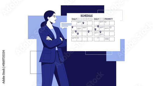 Businesswoman planning schedule with timeline and priorities, strategic planning concept