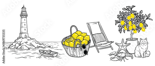 Italian summer beach elements vector set, hand drawn sea weekend doodle illustration with lemon harvest, swimsuit, lobster, seashell, chaise lounge and umbrella, Amalfi coast dolce vita sketch