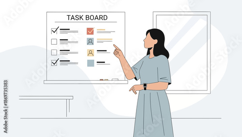 Businesswoman points to task board with checklist and team assignments