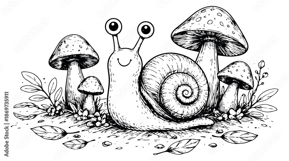 Naklejka premium Hand drawn line art illustration of a cute snail depicting it smiling among mushrooms for nature themed designs