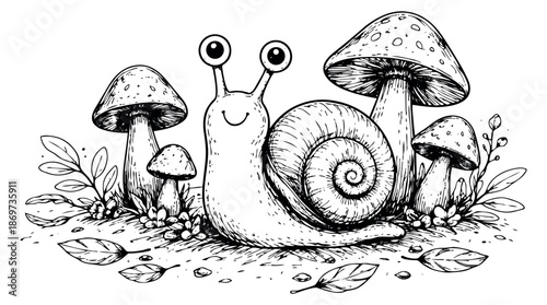 Hand drawn line art illustration of a cute snail depicting it smiling among mushrooms for nature themed designs