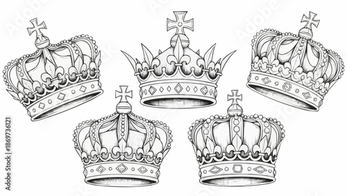 Collection of five ornate royal crowns in a sketch style.