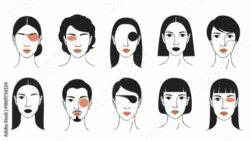 Collection of Diverse Faces with Eye Patches and Makeup Accents.