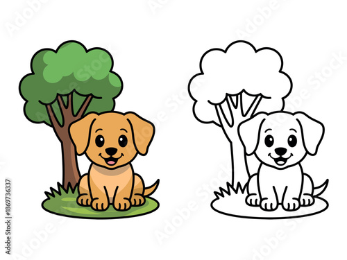 Cute Cartoon Dog Sitting Under Tree, Color and Line Art Illustration