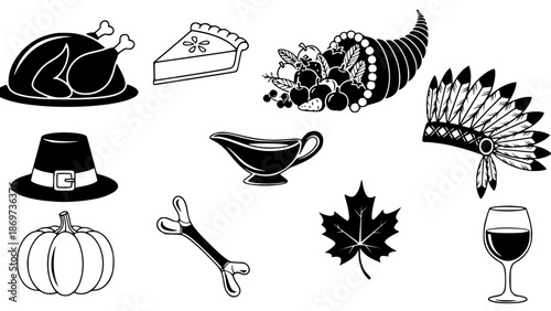 Thanks giving icon set black and white isolated on white 