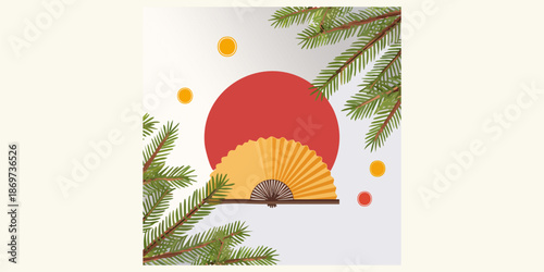 Japanese New Year. Zen Fan and Sun: A serene composition featuring a traditional folding fan set against a backdrop of a vibrant red sun and textured details of greenery.