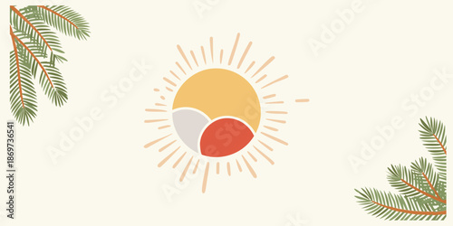 Japanese New Year. Sunshine Serenity: An artistic depiction of the sun radiates warmth and serenity, framed by delicate green leaves, evoking a sense of calm and natural beauty.