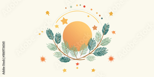 Japanese New Year. Golden Sun with Leaves Decoration: A beautifully crafted sun rises gracefully amidst delicate leaves, framed by stars and celestial elements.