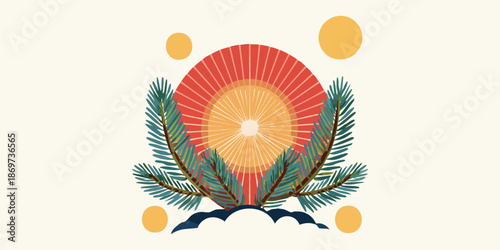 Japanese New Year. : A unique emblem featuring a vibrant sun, nestled amidst sprigs of leaves and playful celestial orbs, creating a harmonious and stylized representation of the natural world.