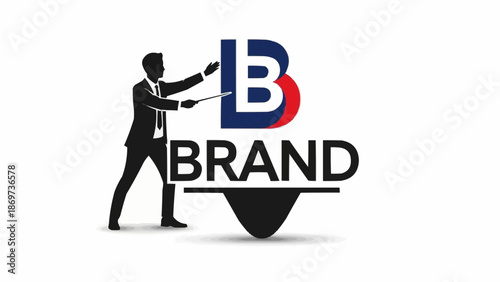 Businessman presenting a new brand logo with a pointer stick.
