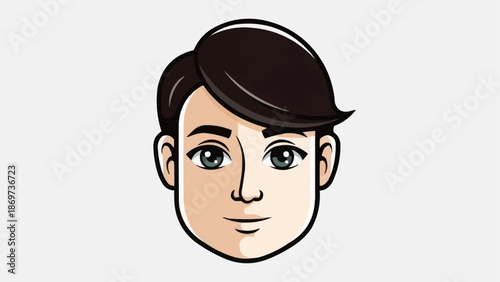 Cartoon illustration of a young mans face with dark hair and blue eyes.