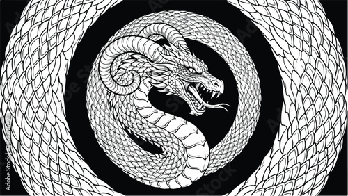Intricate Dragon Serpent in a Circular Embrace Symbolic Art.