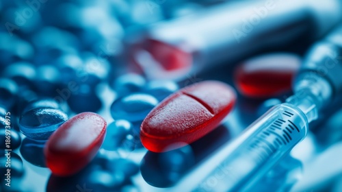 Close-up of various pills and medications spilling onto surface.
