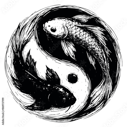 Hand drawn line art illustration of koi fish depicting a yin yang symbol for spiritual harmony