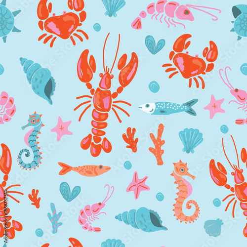 Sea animals seamless pattern on light blue background. Perfect for kids textiles or summer wrapping paper.