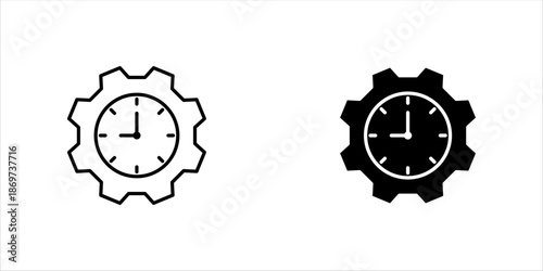 Gears with clock, linear icon set. Time optimization and workflow efficiency. Line with editable stroke.