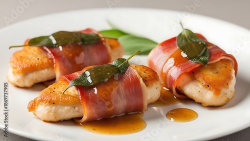 Bacon-wrapped chicken breast with sage and glaze served on a white plate. chicken saltimbocca for restaurant menu design, recipe and food blogs, premium dining visuals, food marketing