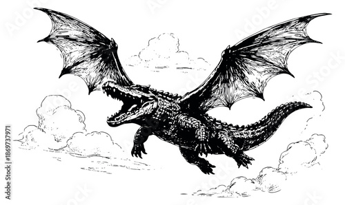 Hand drawn line art illustration of a winged alligator dragon depicting it flying with an open mouth for fantasy designs