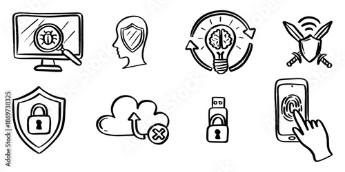 Cybersecurity and Digital Technology Hand Drawn Doodle Icon Set.