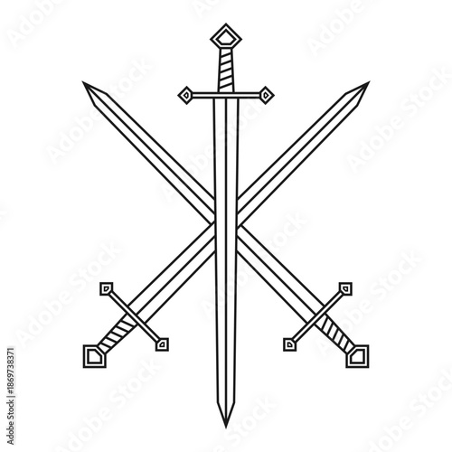 Sword vector illustration. Three sword crossed military or heraldry icon symbol. Protection and security sign. Medieval or knight weapon. Fantasy longsword logo.