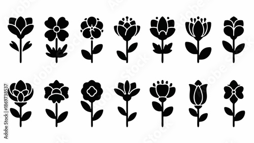 Decorative flower icon set with petals and stems flat vector