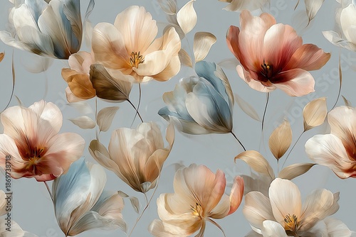 Elegant, chic, vintage seamless pattern made of watercolor tulip flowers with light blue background