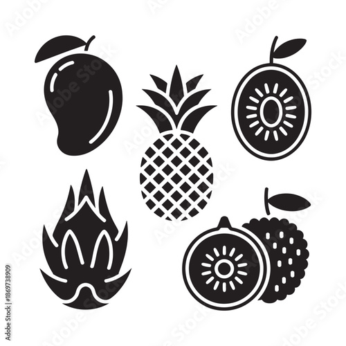 Black silhouette icons of various tropical fruits arranged in a simple pattern