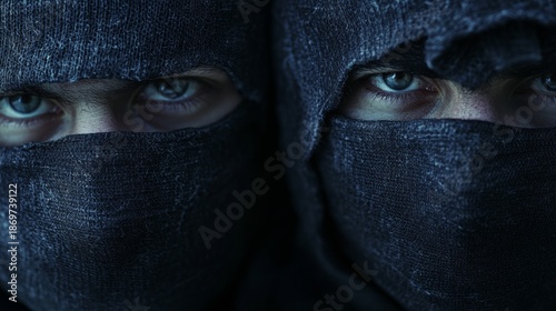 Gaze of two masked individuals with intense blue eyes, blurred in background for focus on expressions.