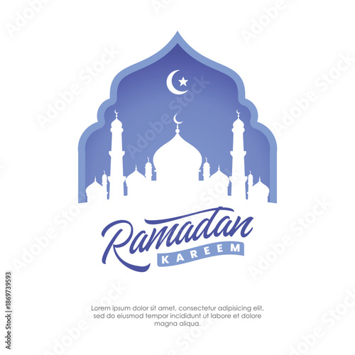 Ramadan Kareem Greeting Card with Mosque Silhouette and Crescent Moon
