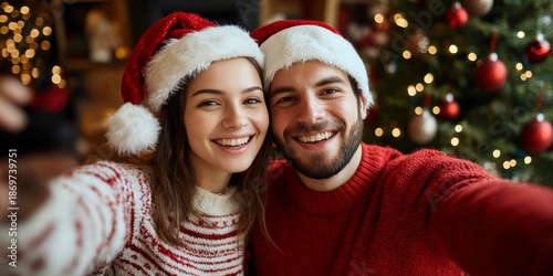 Young couple smiling together, wearing Santa hats and striped sweaters, embracing in front of a decorated Christmas tree with red ornaments. Warm, joyful holiday moment.