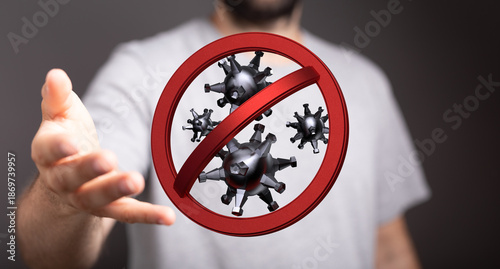 Принти на полотні Hand reaching out to stop virus spread