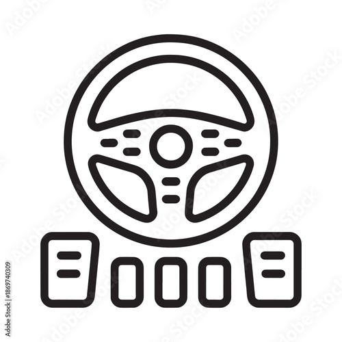 Simple line art illustration of a car steering wheel and dashboard controls